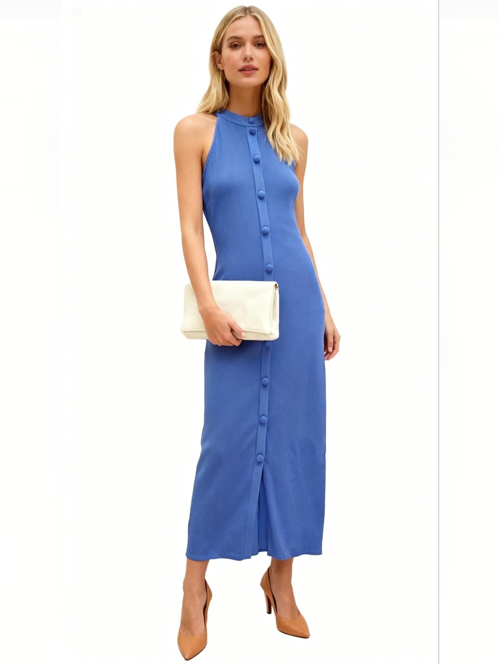 NEW! Lulus Sunia Blue Ribbed-Knit Front-Buttons Midi Sweater Dress Size XL